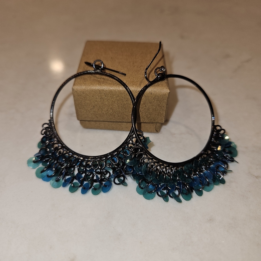 Dangling Teal  Sequins Hoop Earrings